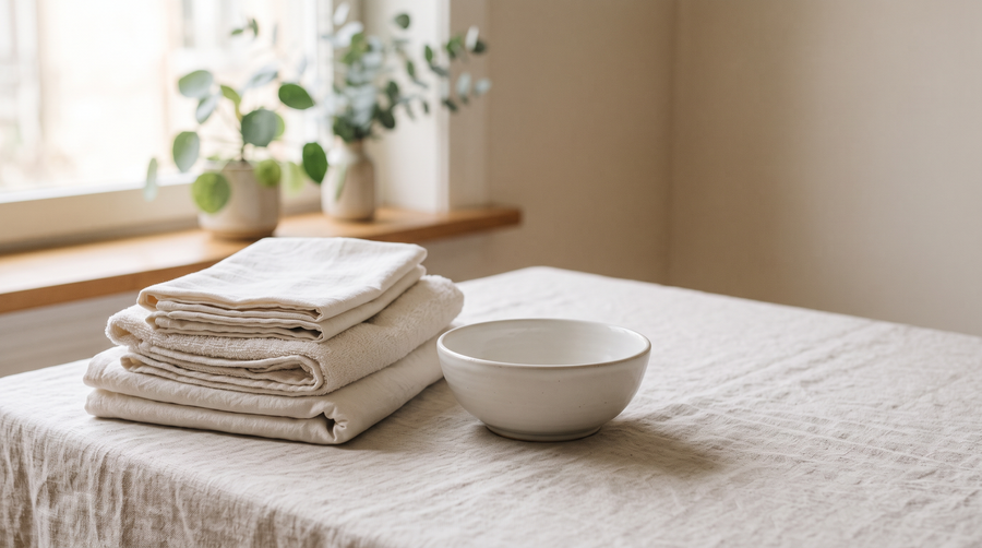 Folded undyed cotton laundry and a plain ceramic bowl on pale linen in soft daylight