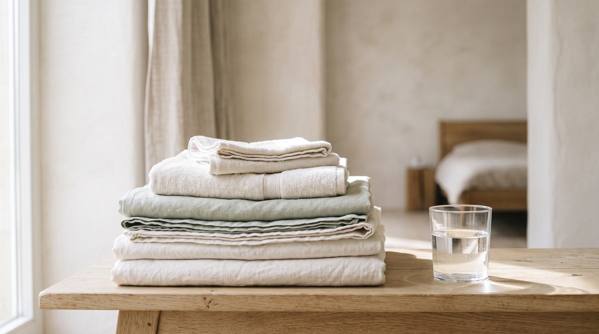 A folded stack of off-white and pale sage towels and bed linen on a pale oak table beside a clear glass of water in soft daylight