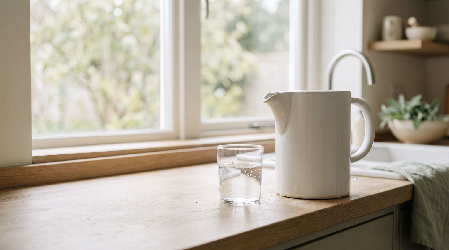A plain white kettle beside a glass of water on an oak counter - hard water in an Irish kitchen