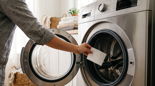 Hand placing a laundry detergent sheet into a front-loading washing machine drum