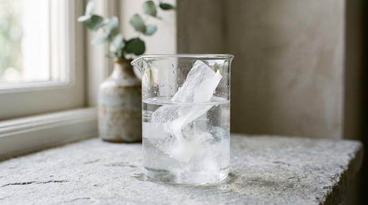 Laundry detergent sheet dissolving in a glass beaker of clear water