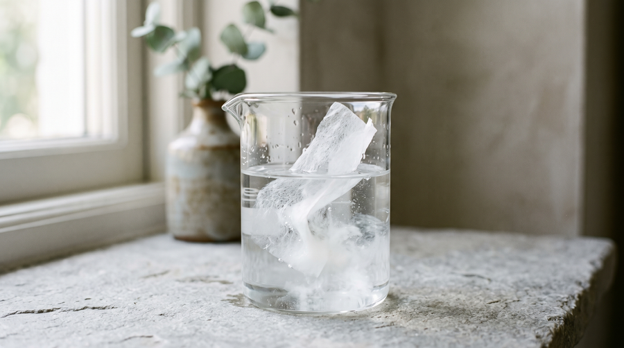 Laundry detergent sheet dissolving in a glass beaker of clear water