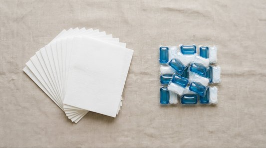 Laundry detergent sheets and laundry pods compared side by side