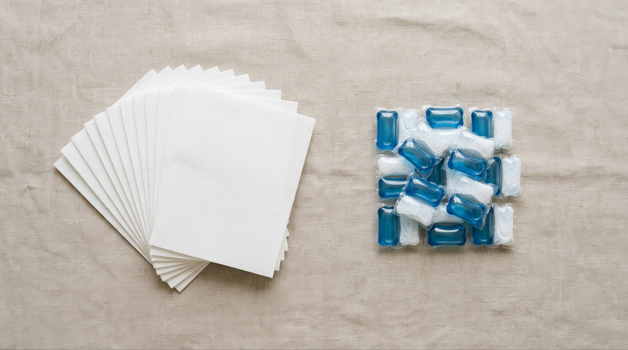 Laundry detergent sheets and laundry pods compared side by side