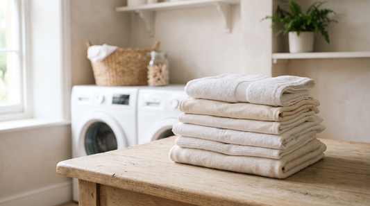 A stack of neatly folded white and cream cotton clothing on a pale wooden table, with a front-loading washing machine softly out of focus in the background
