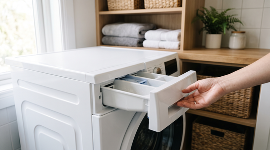 An open detergent drawer on a white front-loading washing machine in a bright utility room, with a hand resting on the drawer's edge.