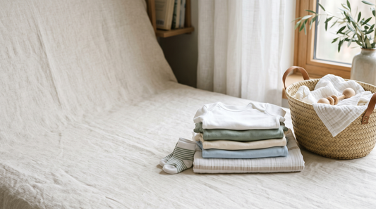 A folded stack of white and pastel baby bodysuits and small socks beside a woven basket on a pale linen surface, lit by soft window light.