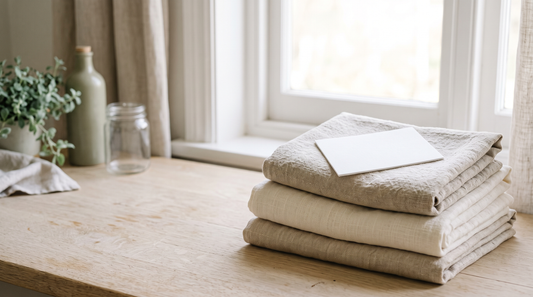 A single white laundry detergent sheet resting on a stack of folded linen towels near a bright window in soft morning light