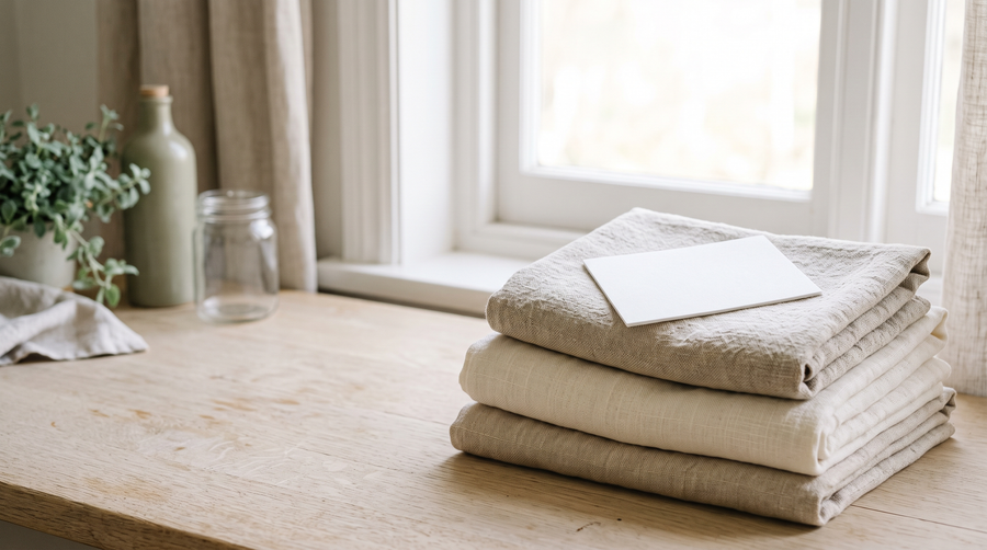 A single white laundry detergent sheet resting on a stack of folded linen towels near a bright window in soft morning light