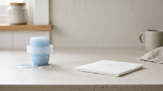 A single folded white laundry detergent sheet in sharp focus beside an overfilled liquid detergent measuring cap