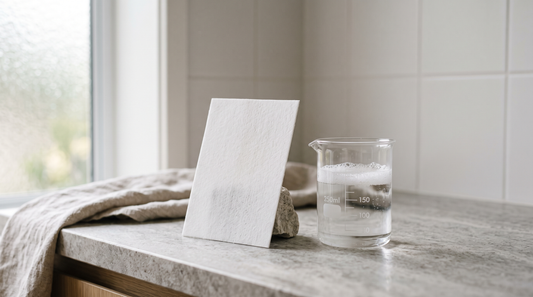 A dry laundry detergent sheet standing beside a glass beaker of water with light suds, on a pale stone worktop