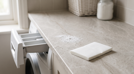 An open washing machine detergent drawer beside loose washing powder and a folded white detergent sheet on a pale worktop