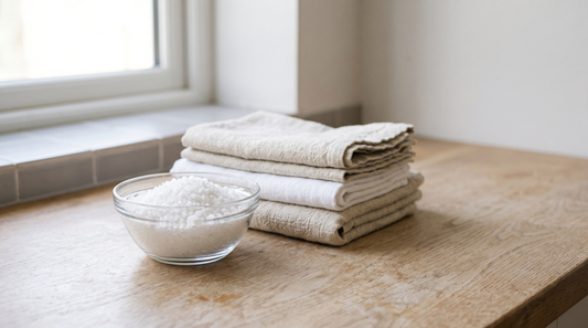 A glass bowl of white washing soda crystals beside folded linen towels on a wooden worktop in soft natural light