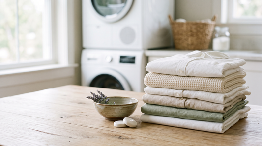 Folded clean laundry stacked on a wooden table in a bright utility room, washing machine in the background