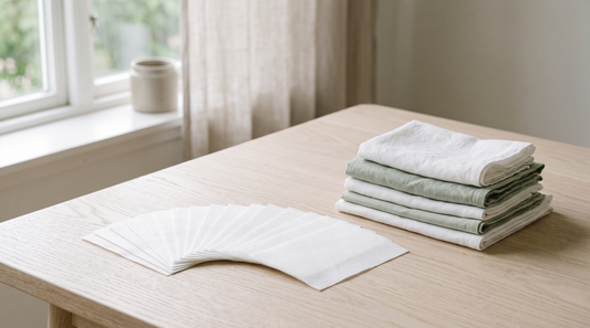 Thin white laundry detergent sheets fanned out on a wooden table beside folded linen in white and sage tones