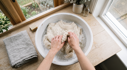 Hands washing a cream wool jumper in a ceramic basin of soapy water on a wooden counter beside a bright window