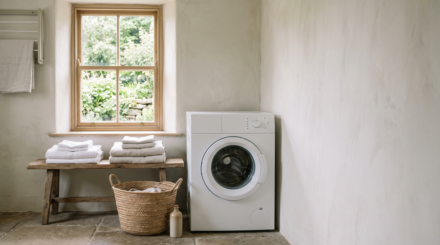 Bright Irish utility room with soft daylight, folded white towels on a wooden bench and a plain white washing machine