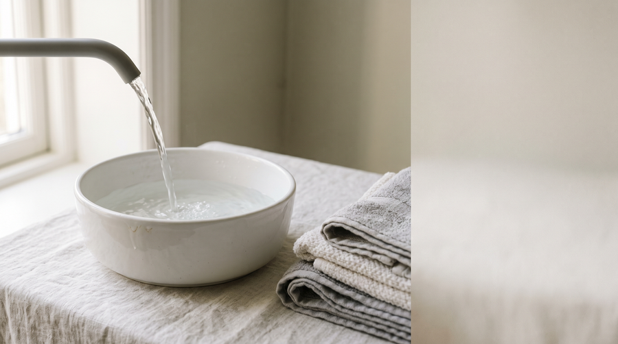 Cool water running into a white ceramic basin beside a folded stack of grey and off-white towels in soft natural light