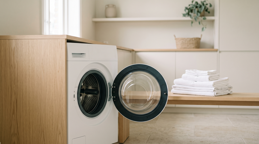 An open front-loading washing machine door in a calm, bright utility room, with folded white laundry on a pale oak bench beside it