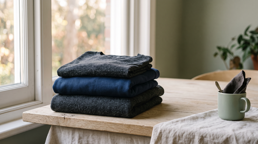 A folded stack of dark charcoal and navy clothes on a pale oak table in soft window light