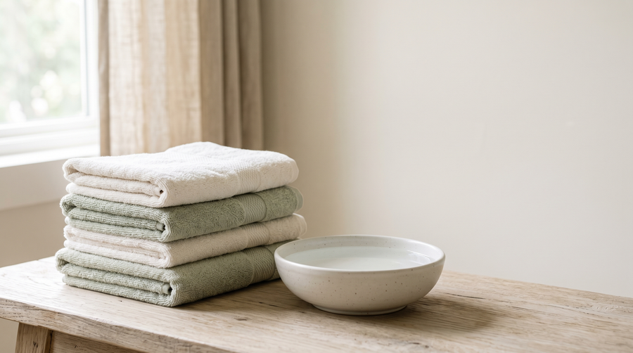 A folded stack of off-white and pale sage towels on pale oak beside a shallow ceramic bowl of clear water