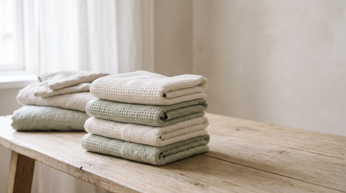 A stack of folded off-white and sage bath towels on a pale oak table in soft natural light