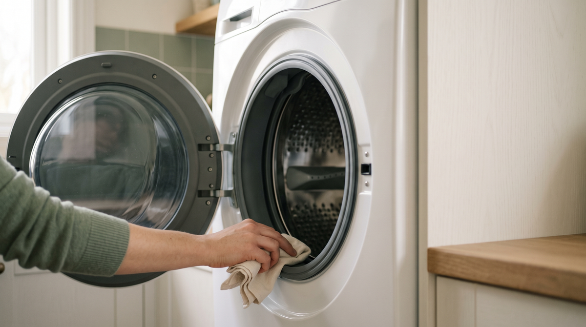 Open front-loading washing machine door with the grey rubber seal visible and a hand wiping the fold with a pale cloth
