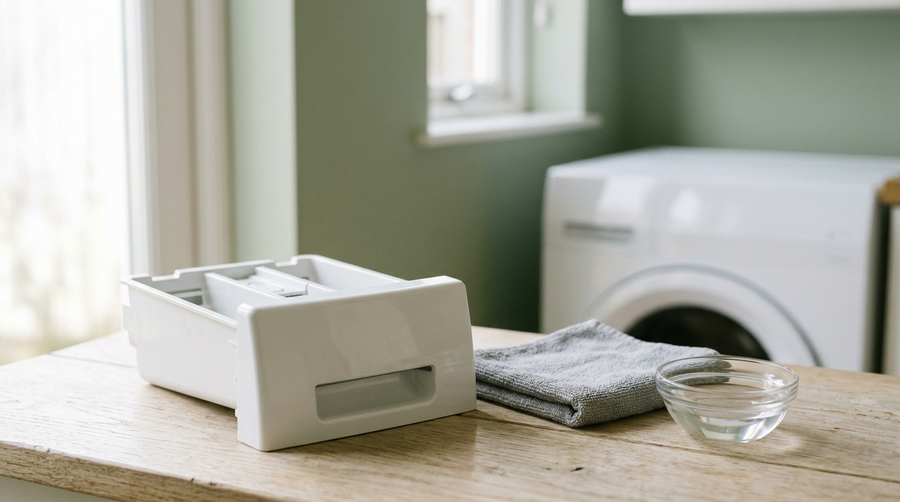A washing machine detergent drawer removed from the machine and resting on a pale oak surface beside a cloth and a bowl of white vinegar
