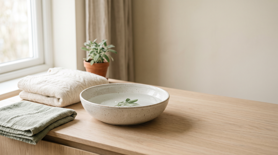 A shallow ceramic basin of clear water on a pale oak counter beside a folded cream wool jumper in soft natural light