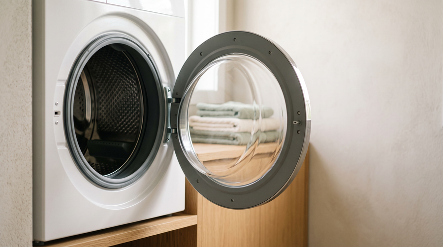The open door of a front-loading washing machine with an empty drum, folded pale towels on a wooden shelf behind it in soft natural light