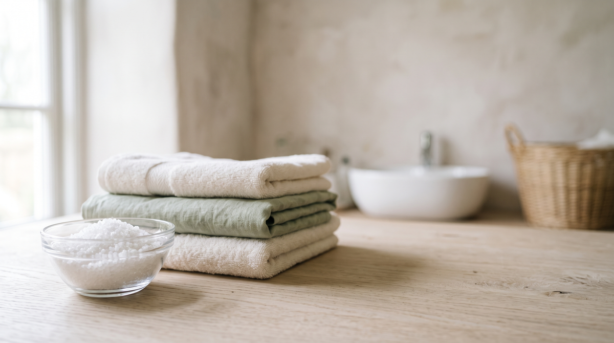 A glass bowl of white soda crystals beside a folded stack of off-white and sage towels on a pale oak surface