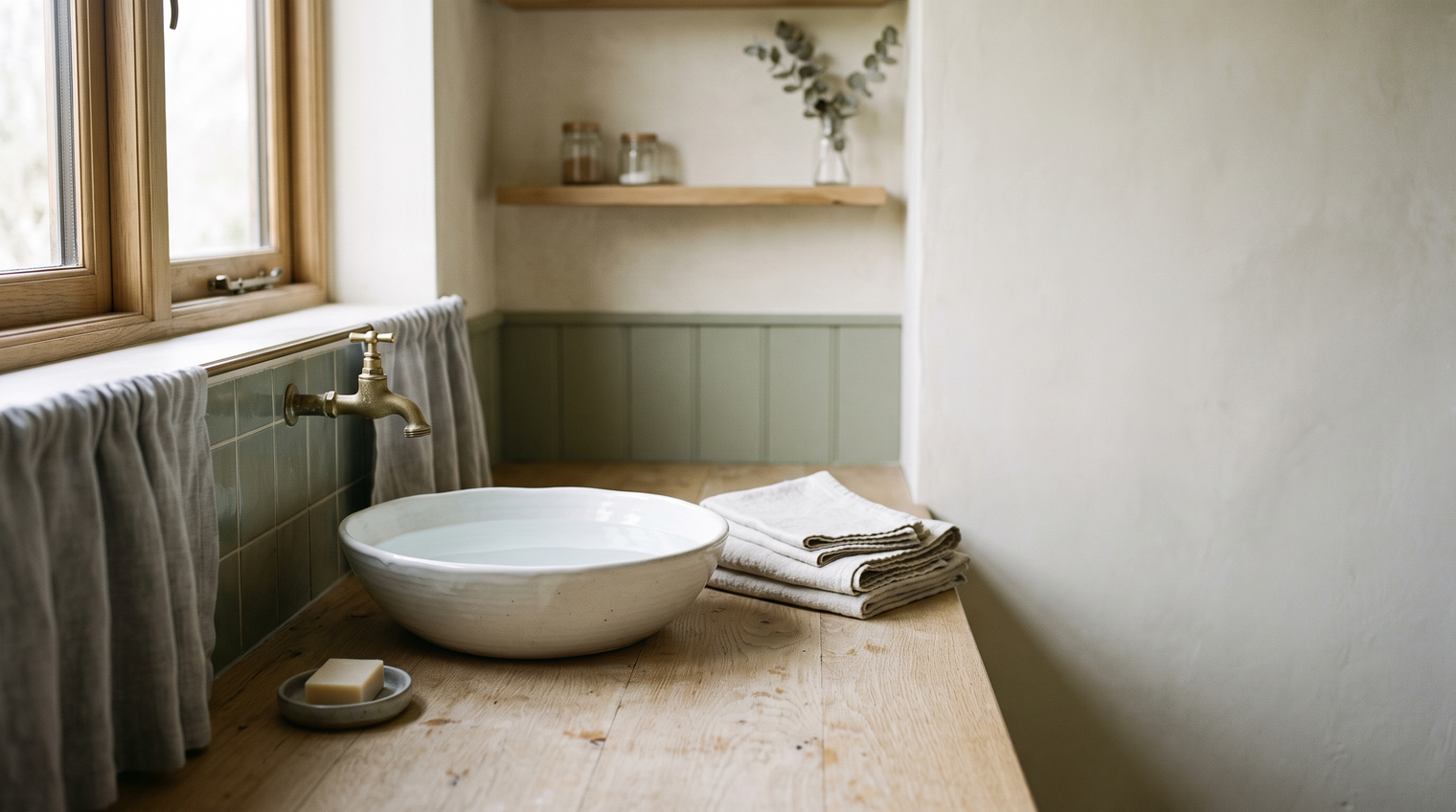 A shallow white ceramic basin of clear water beside a folded stack of undyed linen in soft natural daylight