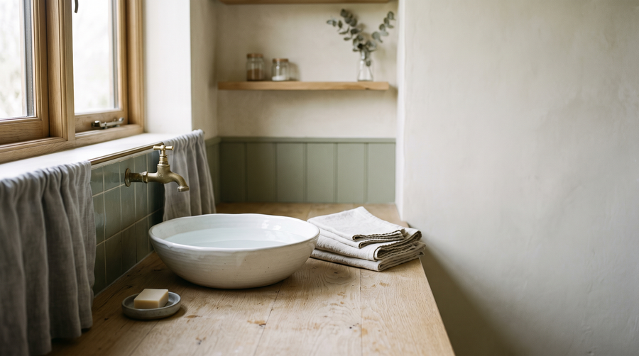 A shallow white ceramic basin of clear water beside a folded stack of undyed linen in soft natural daylight
