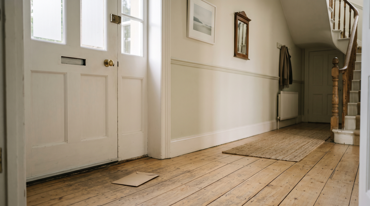 A flat kraft paper envelope of laundry detergent sheets lying on the floorboards of a bright Irish hallway just inside a white front door with a letterbox