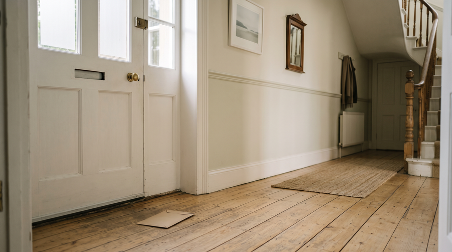 A flat kraft paper envelope of laundry detergent sheets lying on the floorboards of a bright Irish hallway just inside a white front door with a letterbox