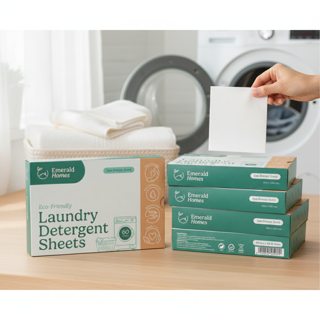 Eco-friendly laundry detergent sheets packaging with a hand holding a sheet in front of a washing machine.